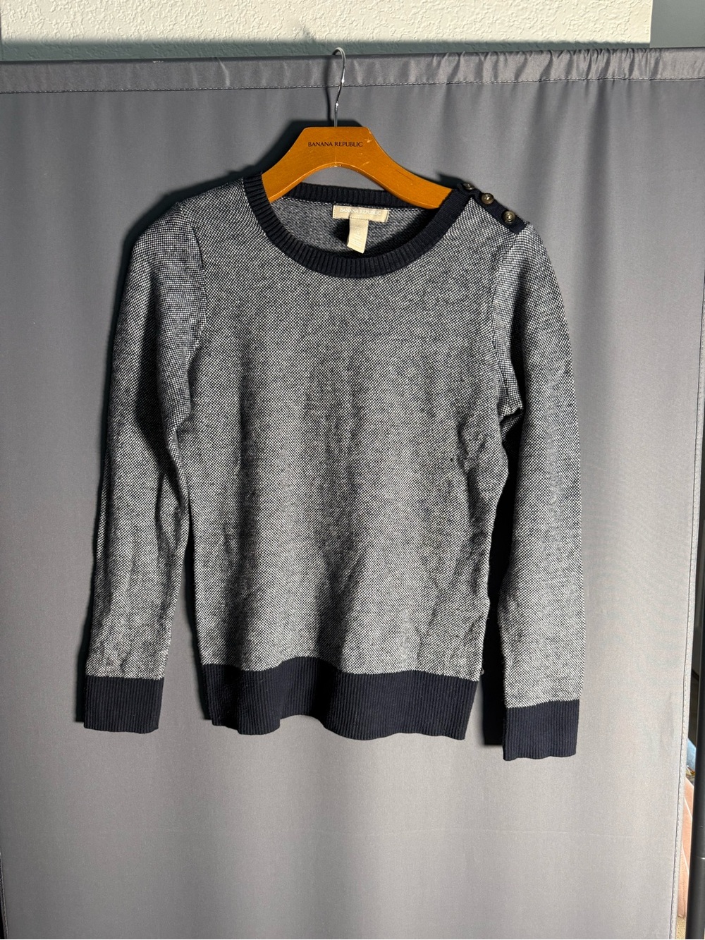 Banana Republic Gray Crewneck Sweater with Navy Trim & Shoulder Buttons